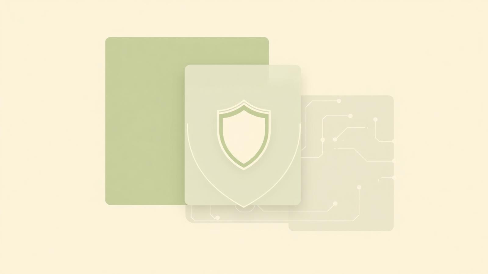 Layered panels with a shield and circuit lines representing AI governance
