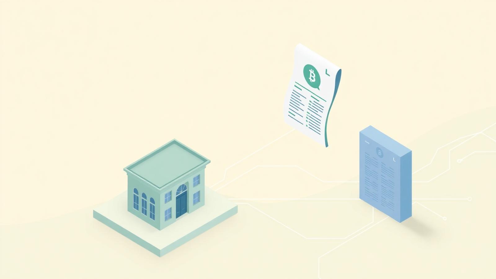 Isometric illustration of a building and legal document becoming a digital token